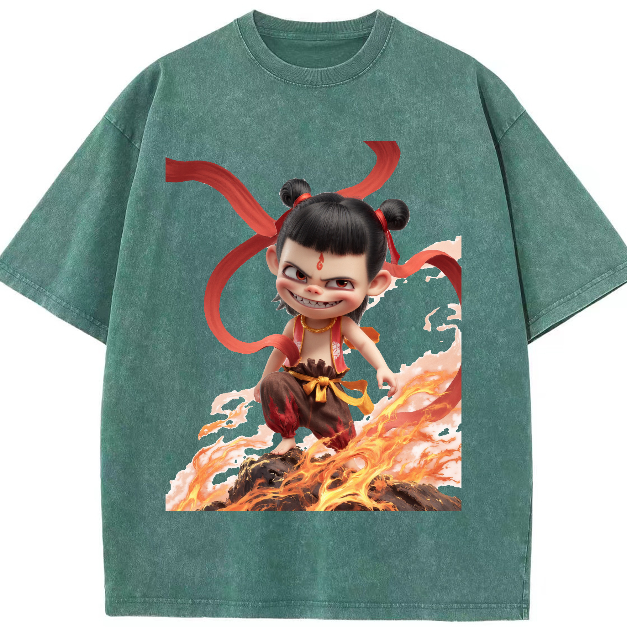（画像用） Ne Zha 2 ナタ 魔童の大暴れ 綿100% ヴィンテージ風 半袖Tシャツ（フロントプリント）